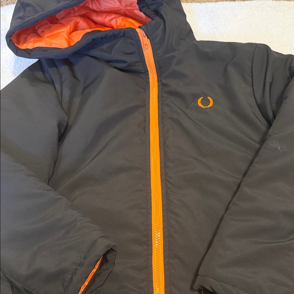 SHEIN Black Hooded Puffer Jacket with Orange Trim